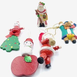 5 Wooden Ornaments Christmas Holiday Decorations Santa Snowman Tree great shape